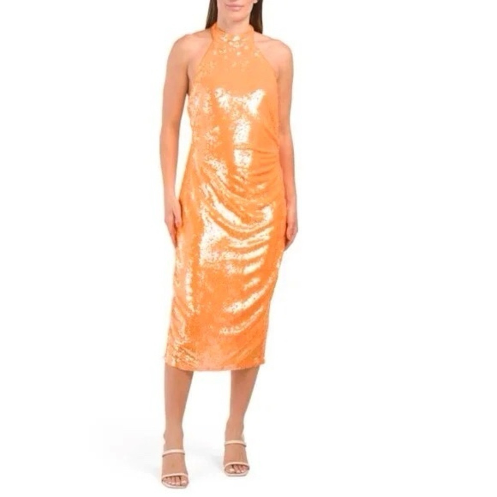 Caroline Constas | NWT Orange Sequin Halter Midi Dress Size Small